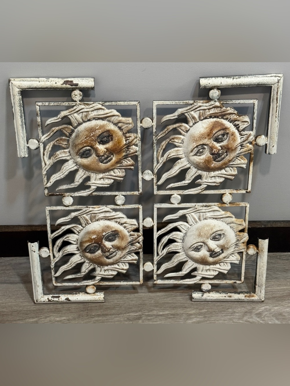 Vintage Sunface Metal Wall Decor - White and Brown 19”x19”